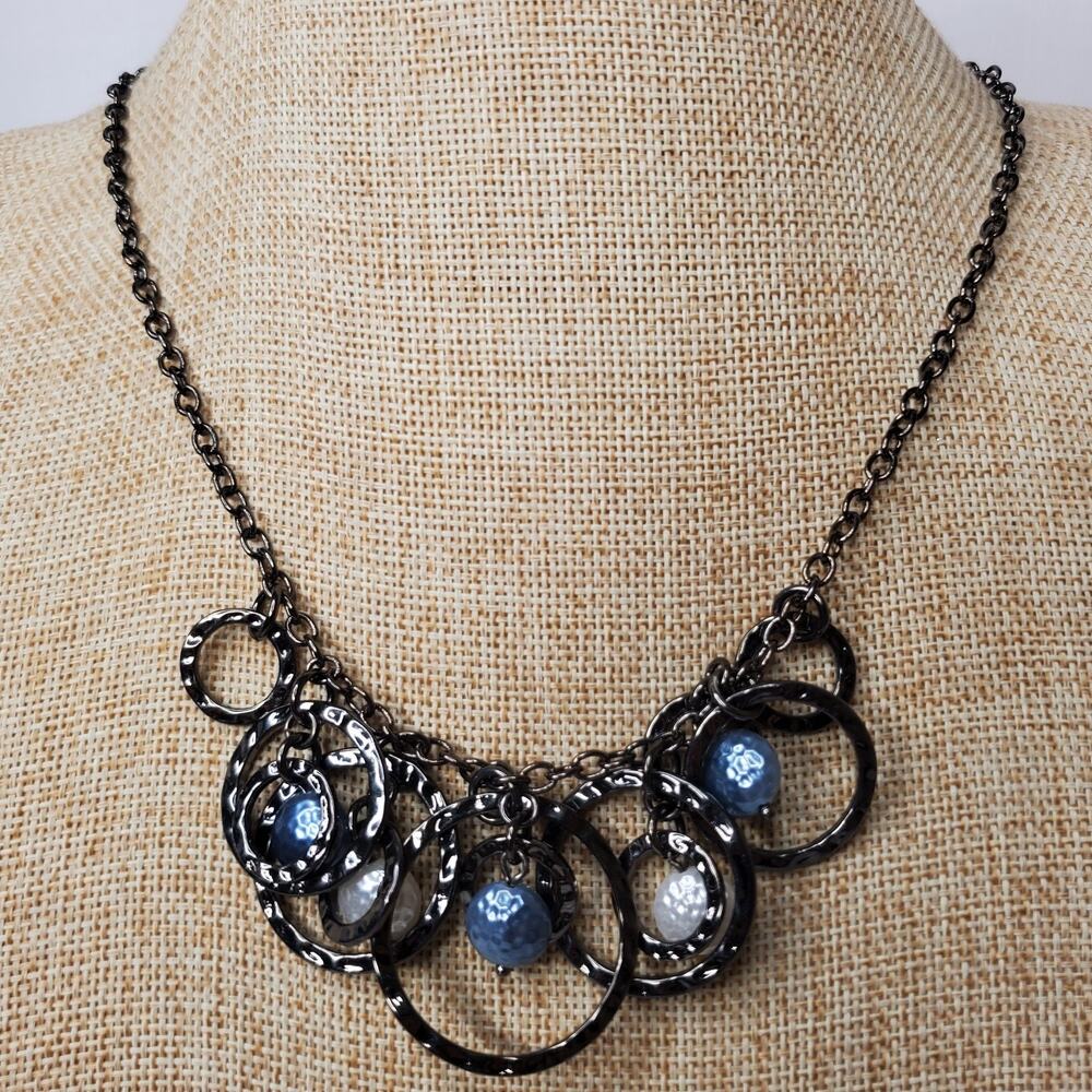Vintage Necklace Lia Sophia Gray Circles w/ Blue White Beaded 18 Inch